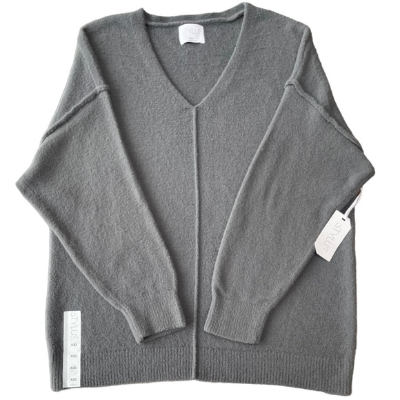 Soft Grey V Neck Cozy Slimming Look Long Sleeve Pullover Sweater Plus Size XXL - Picture 2 of 11